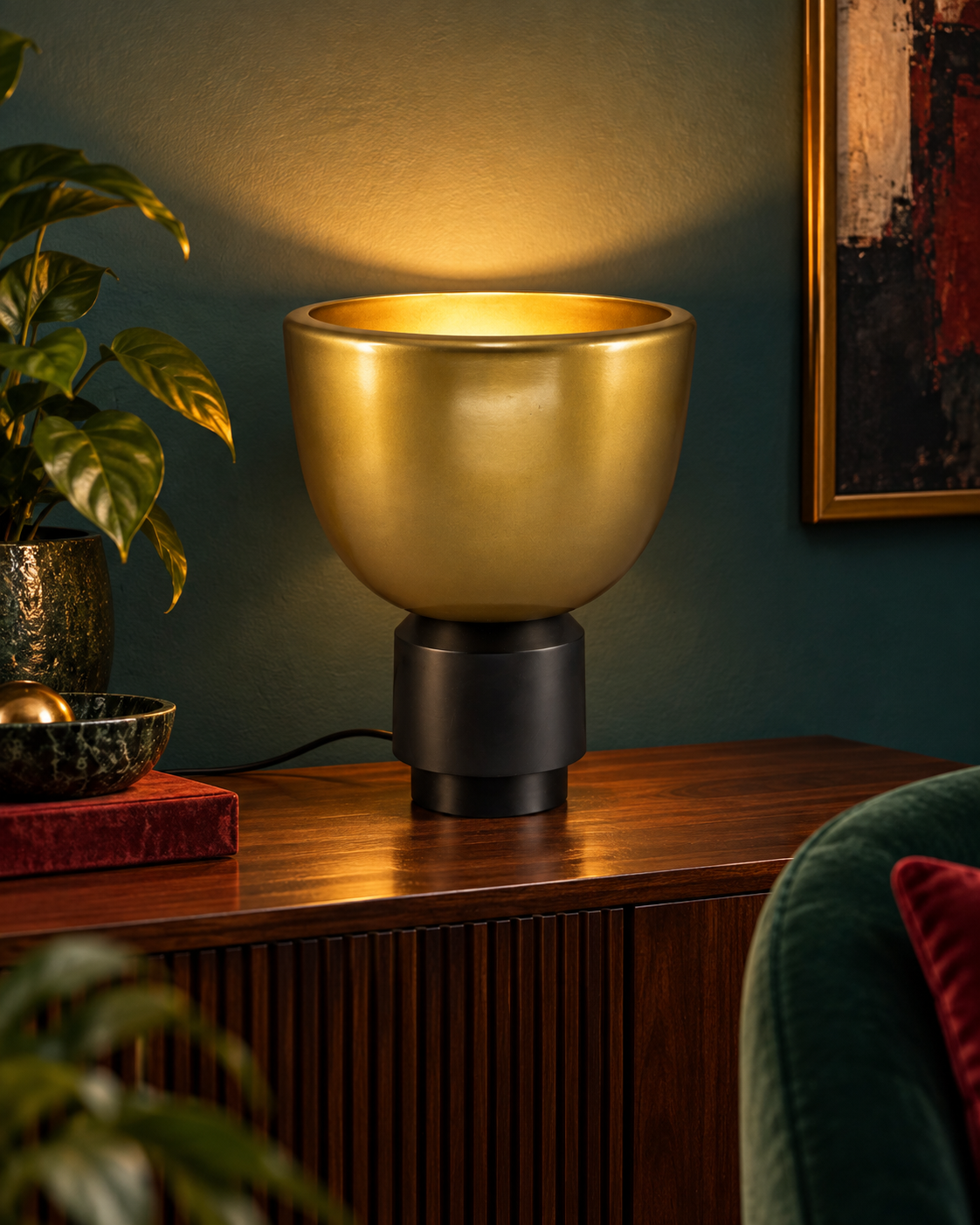 Gold and black uplight lamp on a console beside a green velvet chair