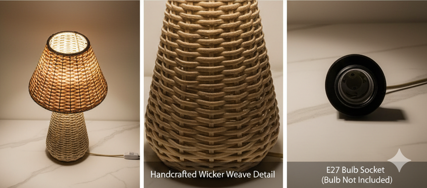 Close-up of handwoven wicker weave detail and E27 bulb socket