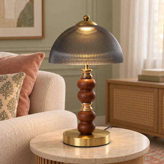 Smoked ribbed acrylic dome table lamp in an Indian living room