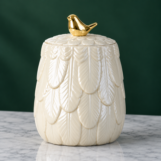 Golden Bird Porcelain Jar — Large — alternate angle showing shape and feather relief