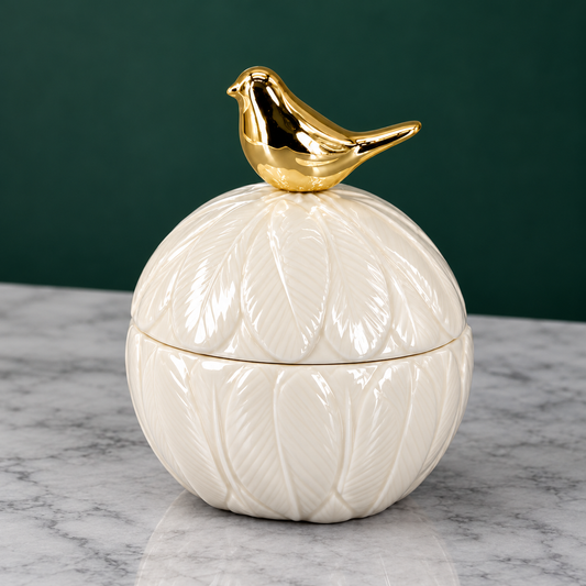 Golden Bird Porcelain Jar — Small — alternate angle showing shape and feather relief