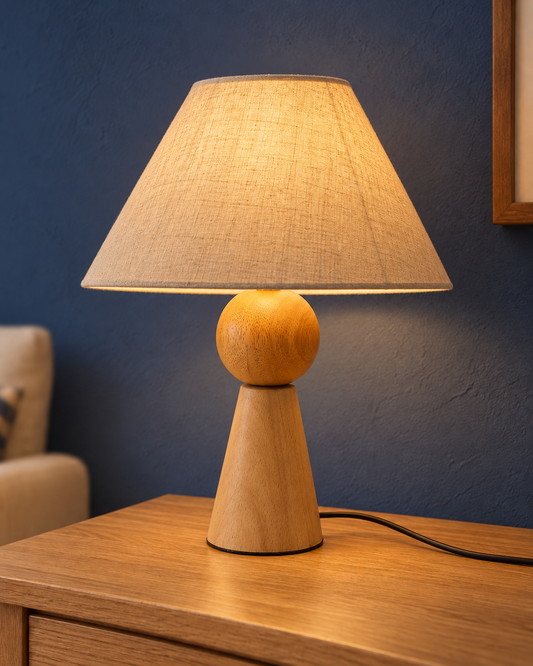 Orbit cream-shade wooden table lamp illuminated in an evening interior