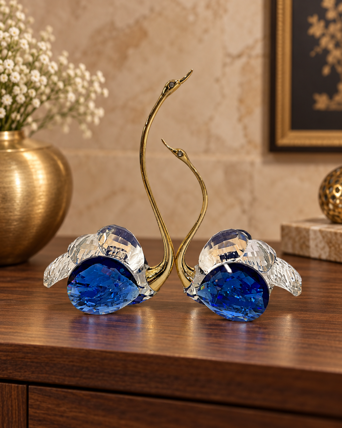 Soulmates pair of blue and clear crystal-glass swans with gold-tone necks