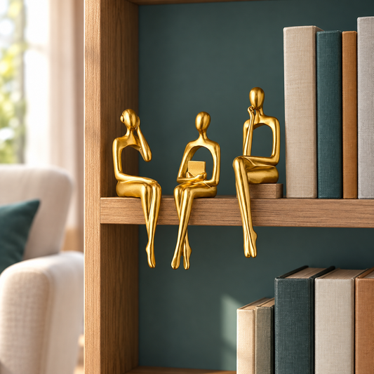 Muse Thinker Trio in Gold — set of three styled on a bookshelf edge