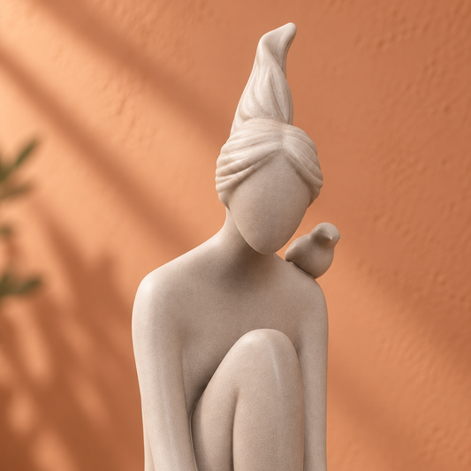 Close view of Quiet Bird Figure, Small, showing the sculpted hair and shoulder bird in Frappe ceramic.