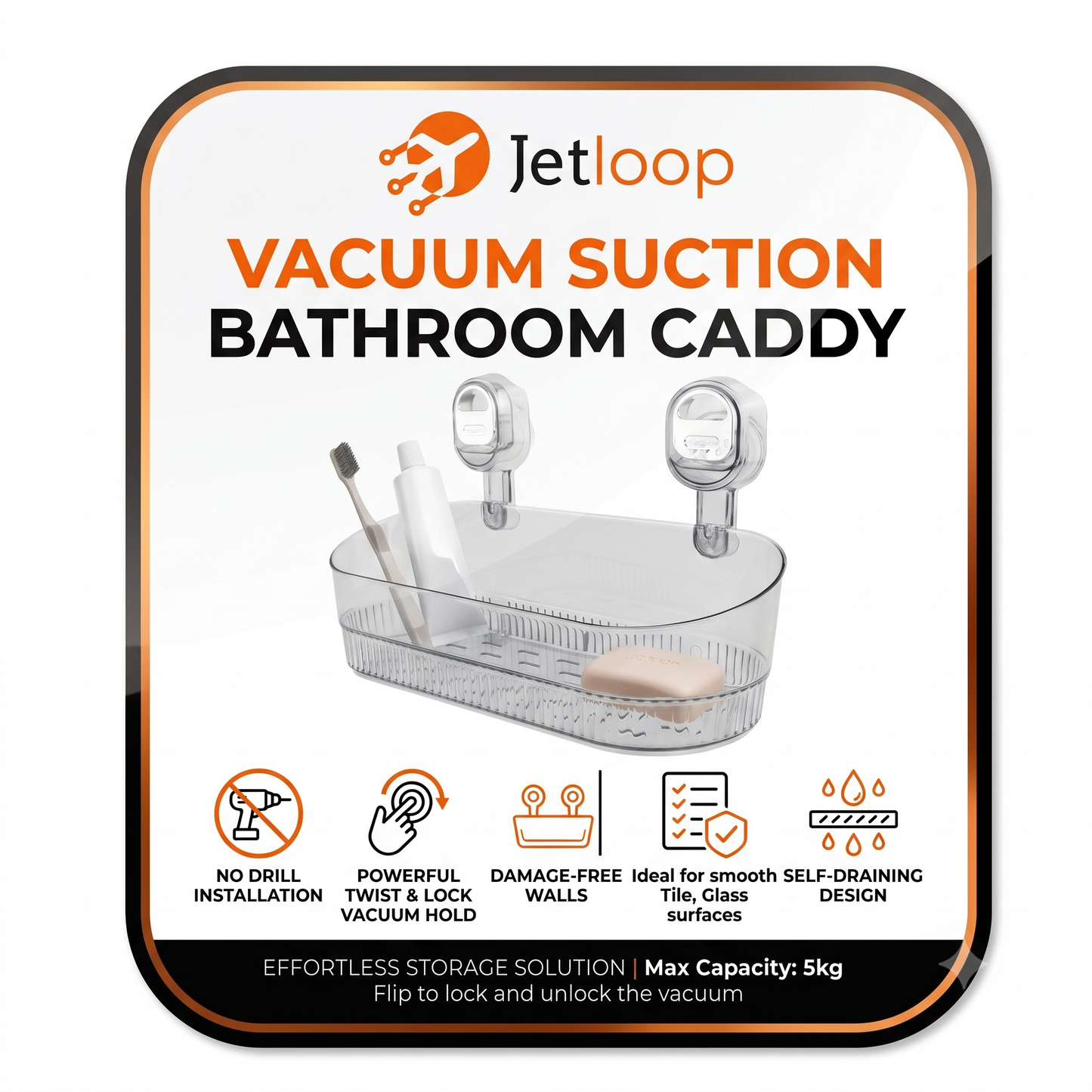 Transparent Gray Shower Caddy | Vacuum Suction Lock Wall Basket