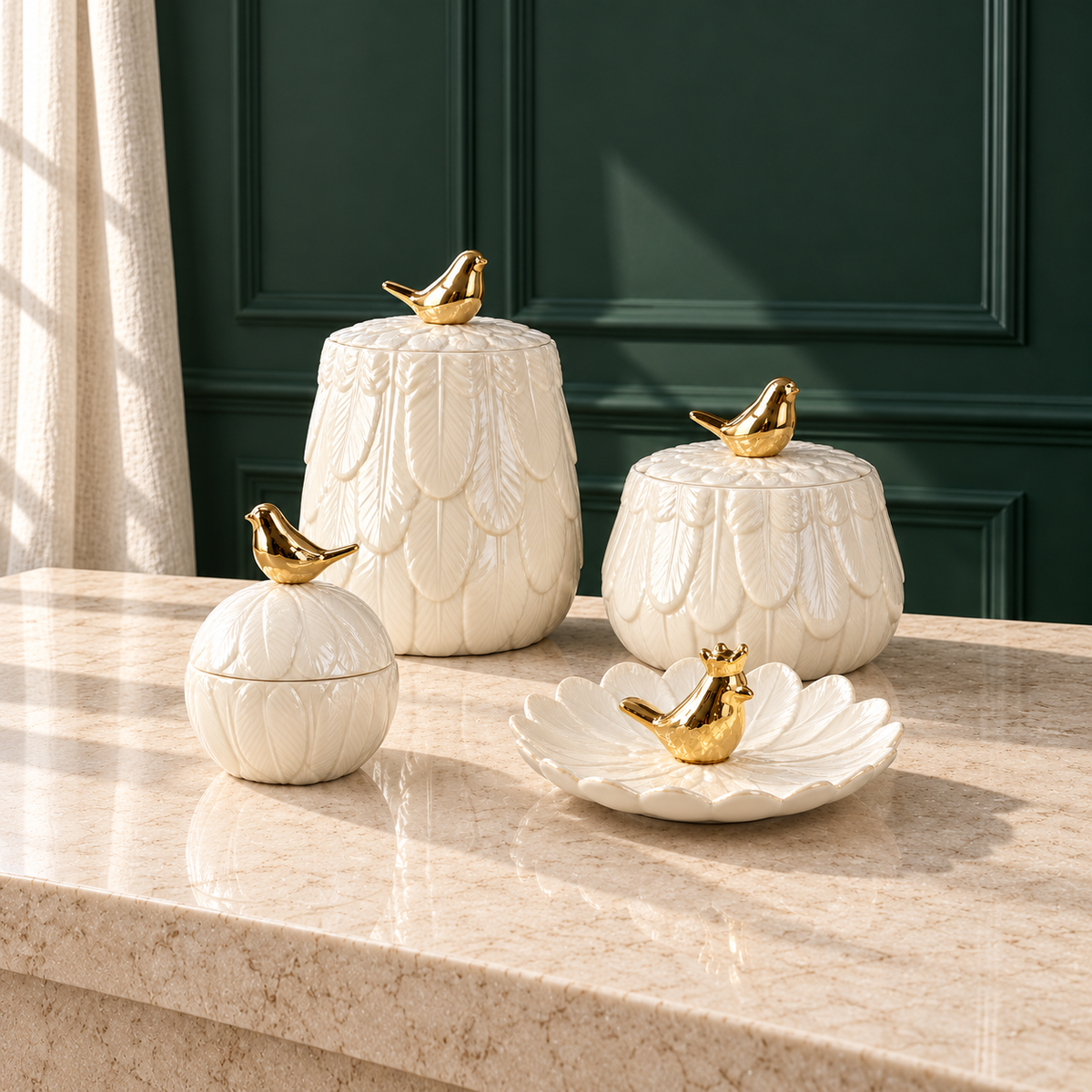 Golden Bird porcelain jars on a white console
