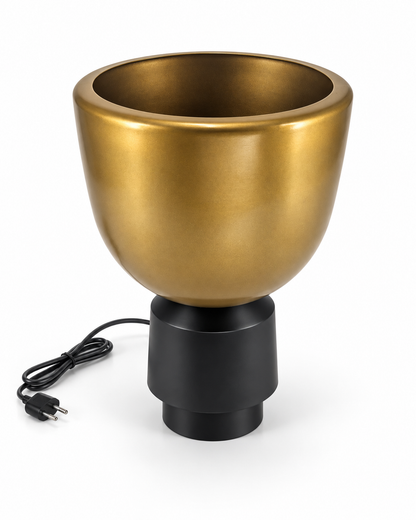 Gold bowl uplight table lamp with metallic gold bowl and matte black geometric base, front view on white