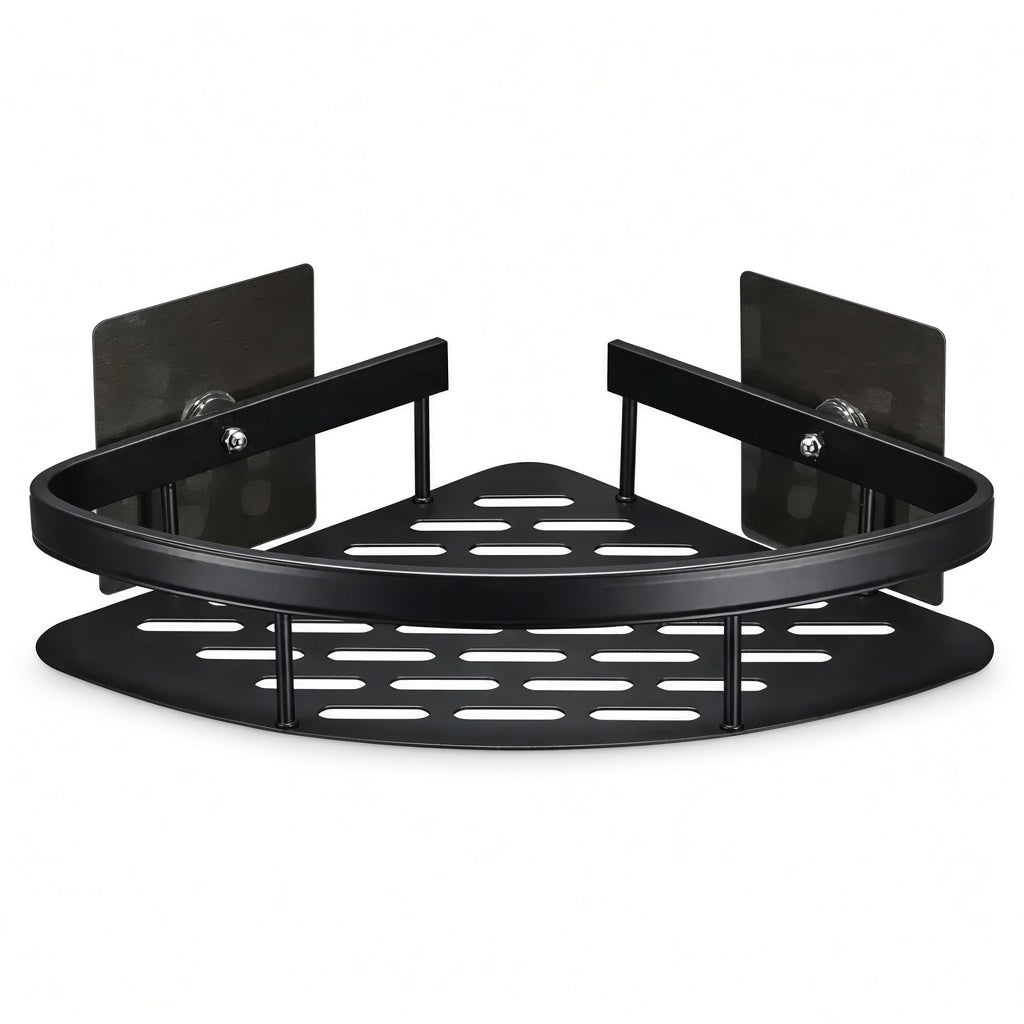 Matte black aluminium corner bathroom shelf with slotted drainage and adhesive wall mounts, front view on white