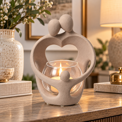 Family Embrace Tealight Holder glowing on a wooden console