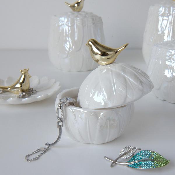 Golden Bird Porcelain Jar — Small open with jewelry