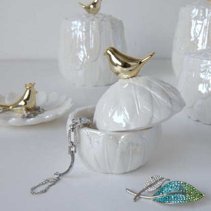 Golden Bird Porcelain Jar — Small open with jewelry