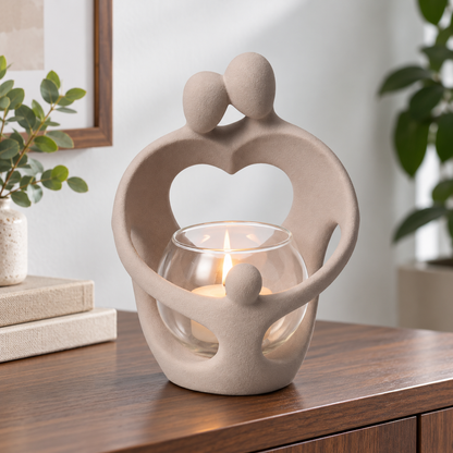 Taupe family sculpture tealight holder styled on a sideboard