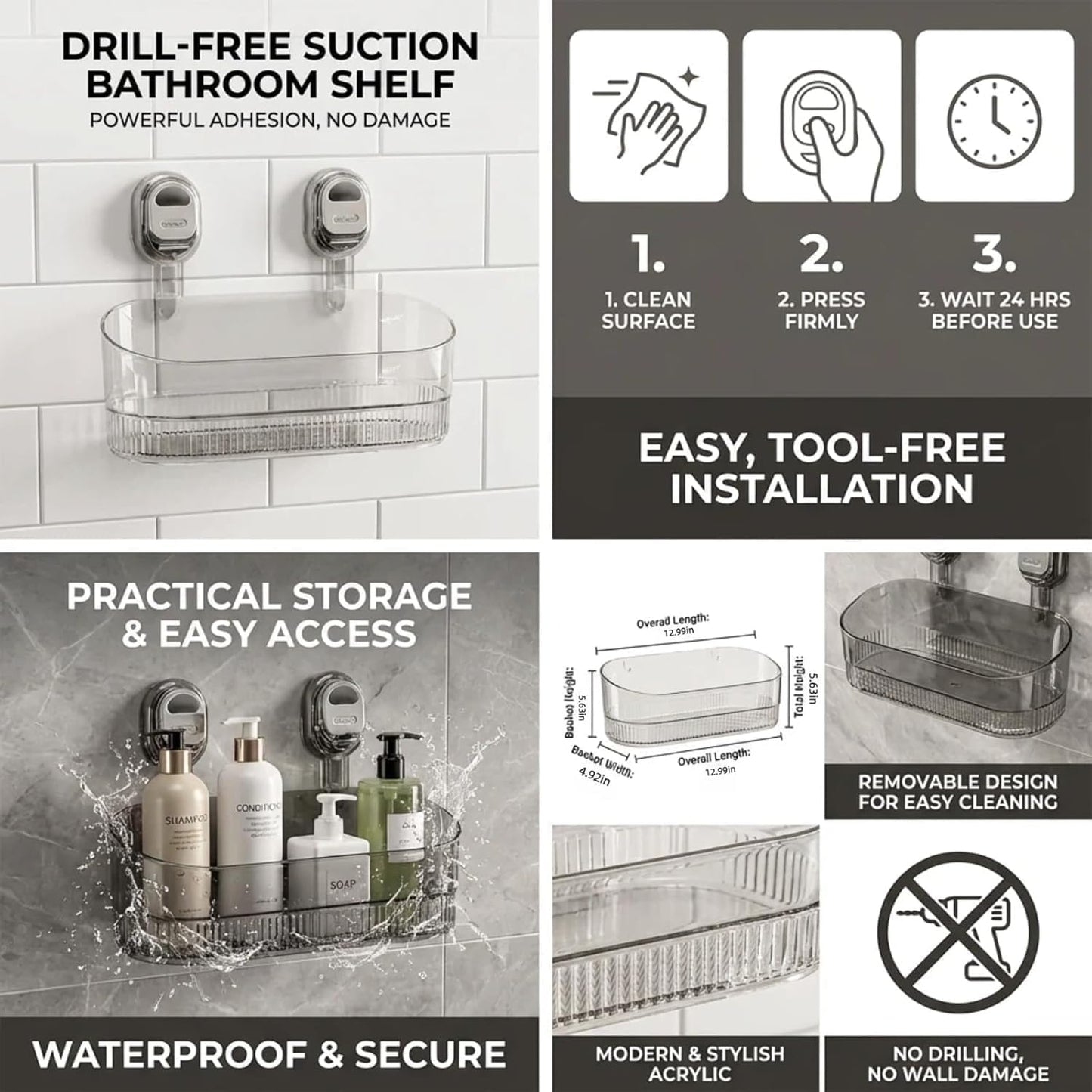 Transparent Gray Shower Caddy | Vacuum Suction Lock Wall Basket