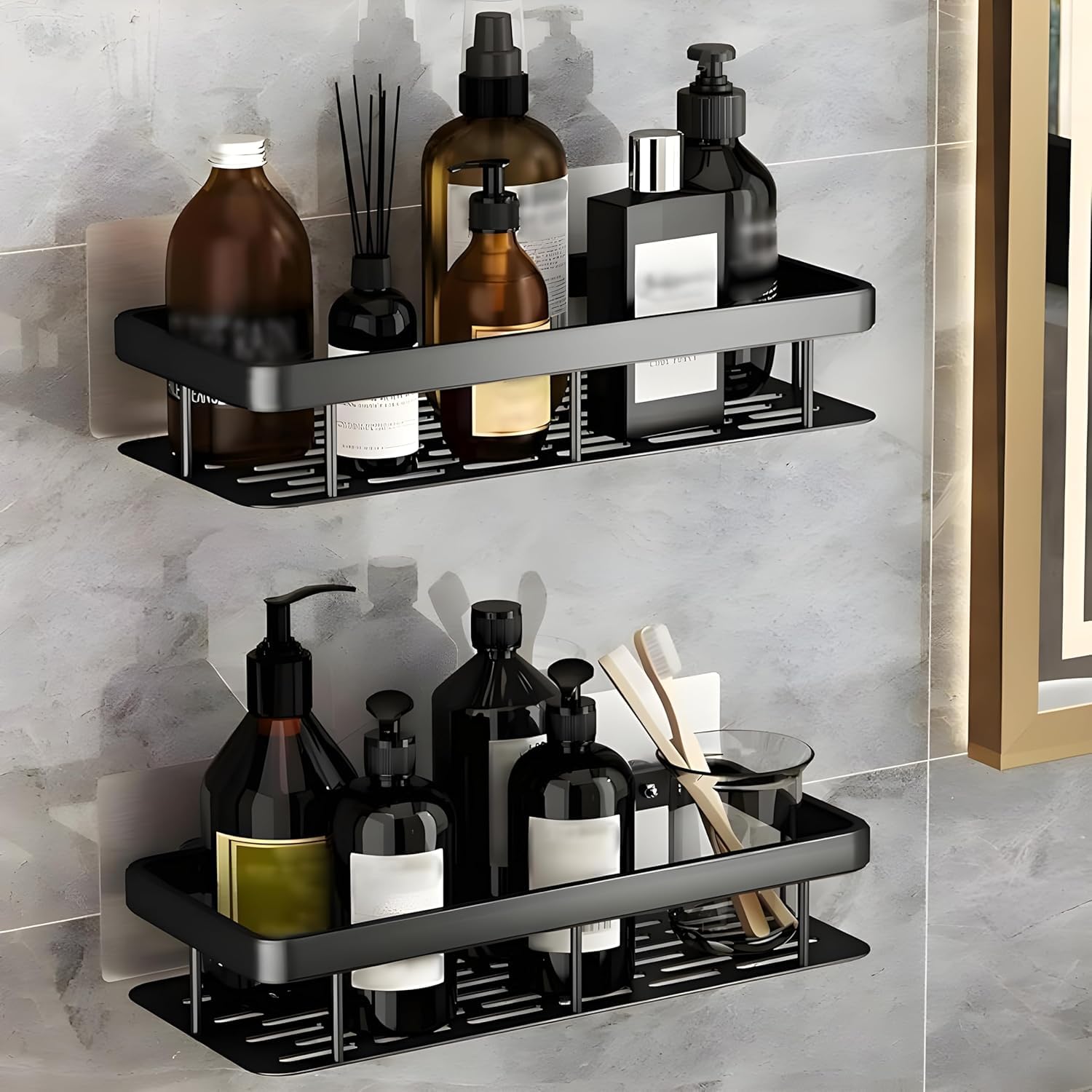 Aluminium Bathroom Shelf Pack of 2 | No-Drill Self-Adhesive Wall Rack