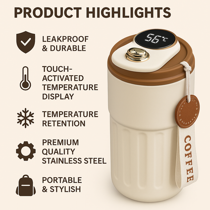 Insulated Coffee Mug with temperature display 500ml (Beige)