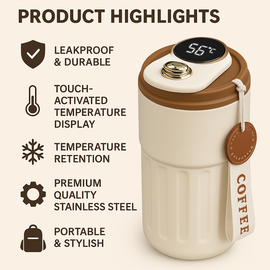 Insulated Coffee Mug with temperature display 500ml (Beige)