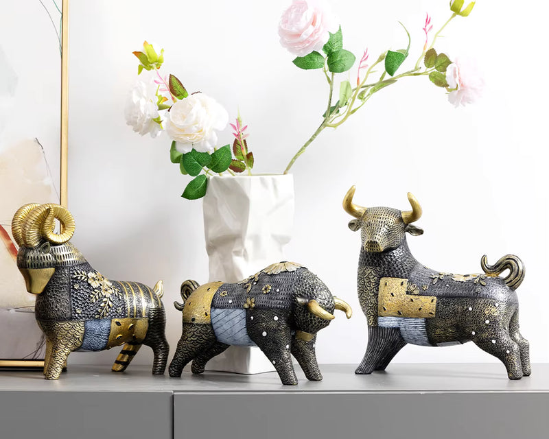 Bull Figurine Art Deco Floral Resin 24x11x23.5cm HX05S118