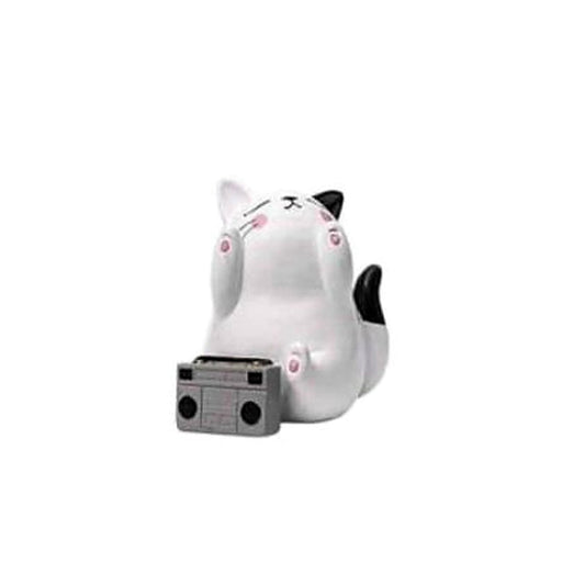 The Encore: white cat figurine with black ears, both paws raised and a miniature boombox on the floor.