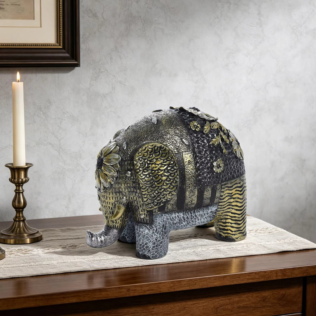 Elephant Figurine Art Deco Floral Resin 18.5x11x15cm HX05S146