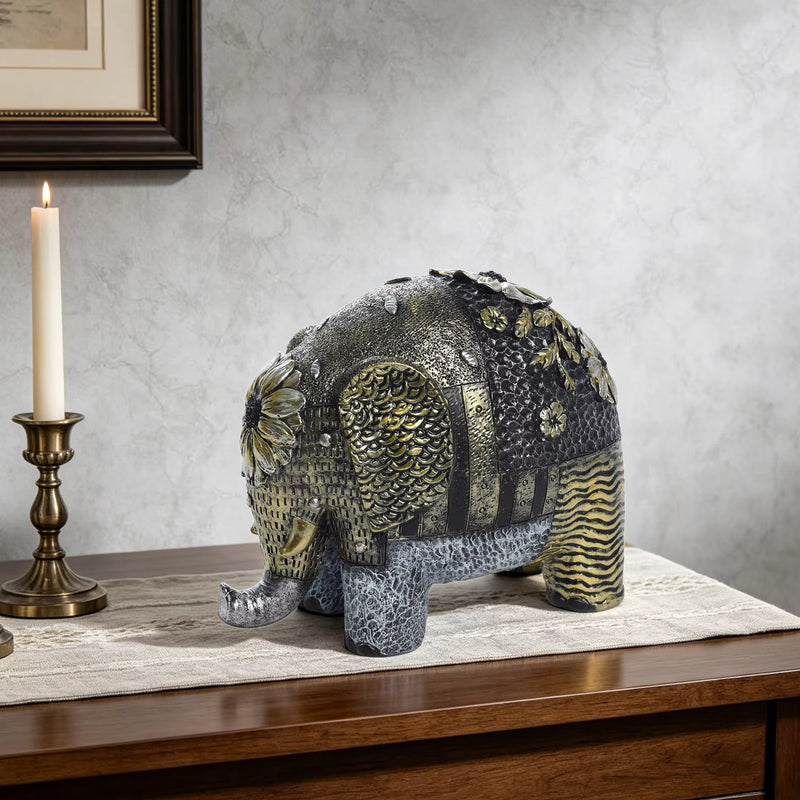 Elephant Figurine Art Deco Floral Resin 18.5x11x15cm HX05S146