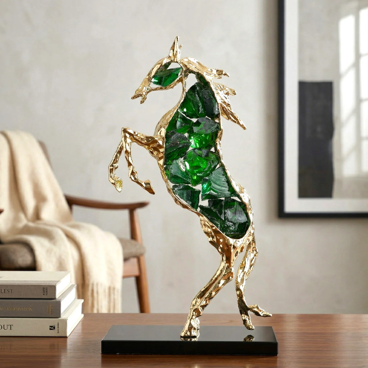 Ascend horse sculpture with emerald-green crystal glass and a gold-tone alloy frame, view 1