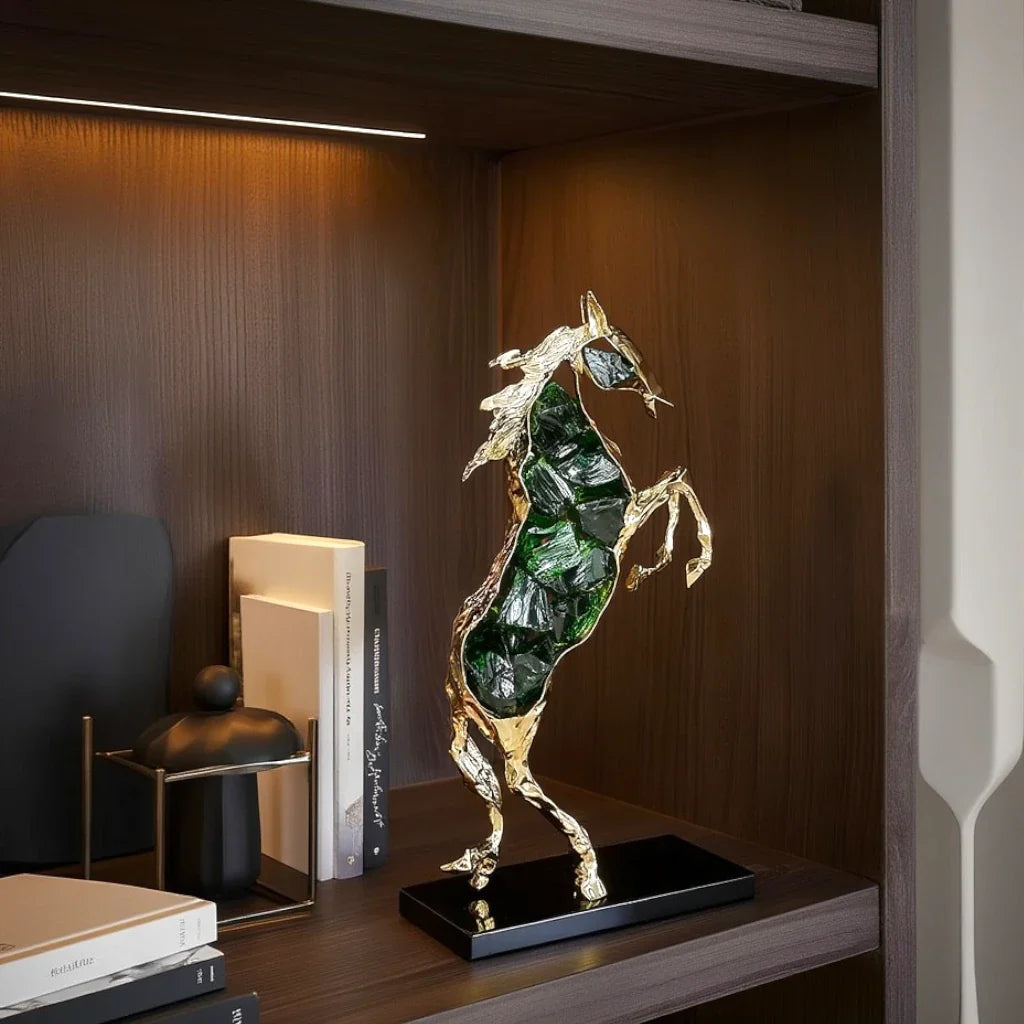 Ascend horse sculpture with emerald-green crystal glass and a gold-tone alloy frame, view 10