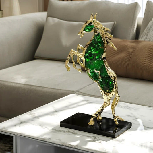 Ascend horse sculpture with emerald-green crystal glass and a gold-tone alloy frame, view 2
