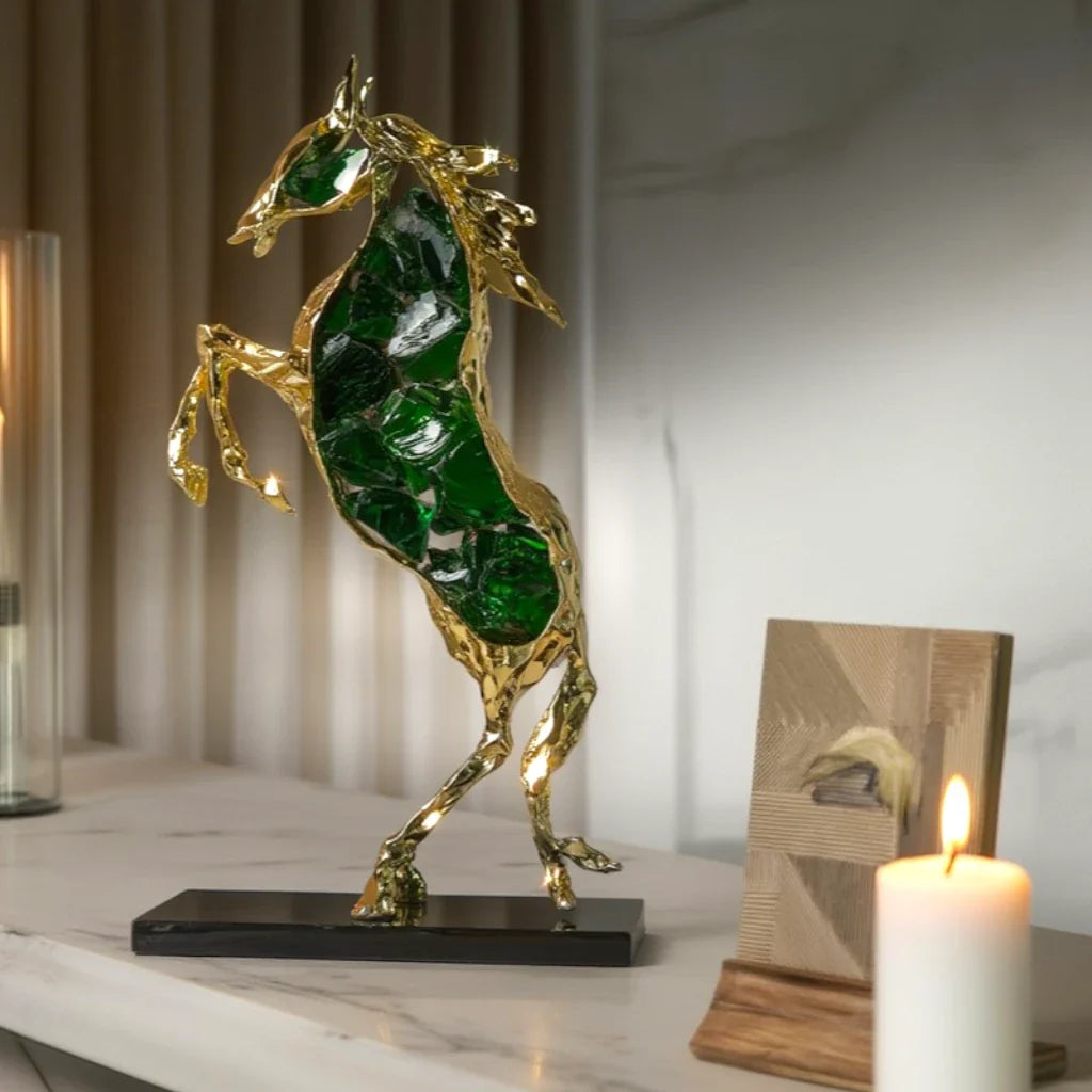Ascend horse sculpture with emerald-green crystal glass and a gold-tone alloy frame, view 6