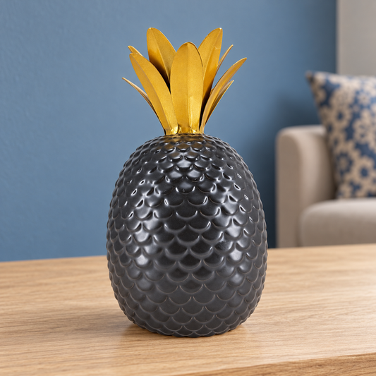 Gold Crown pineapple in Graphite Scallop: glossy dark grey ceramic body with rounded scales and a gold-tone crown