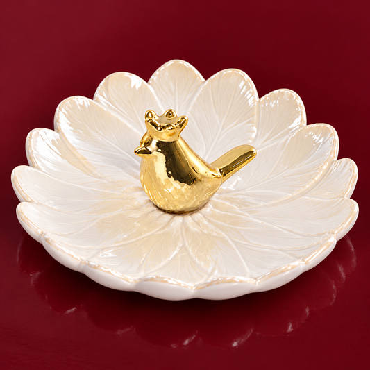 Golden Bird Trinket Dish — alternate angle showing shape and feather relief