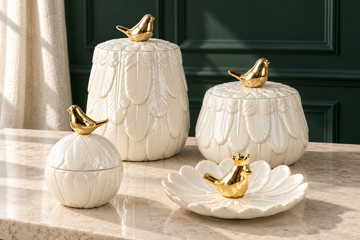 Golden Bird Porcelain collection — Small, Medium and Large jars with the bird saucer, each sold separately