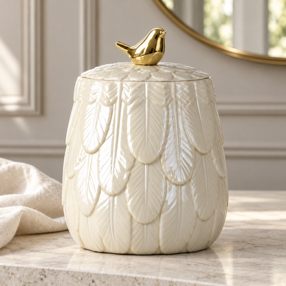 Golden Bird Porcelain Jar — Large — styled on a stone dressing table