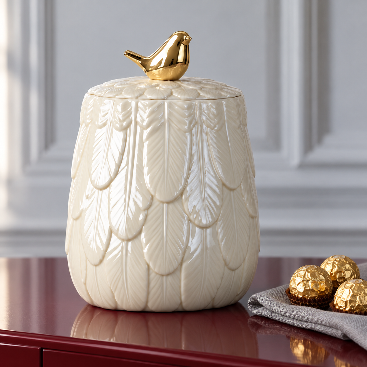 Golden Bird Porcelain Jar — Large — styled with wrapped sweets