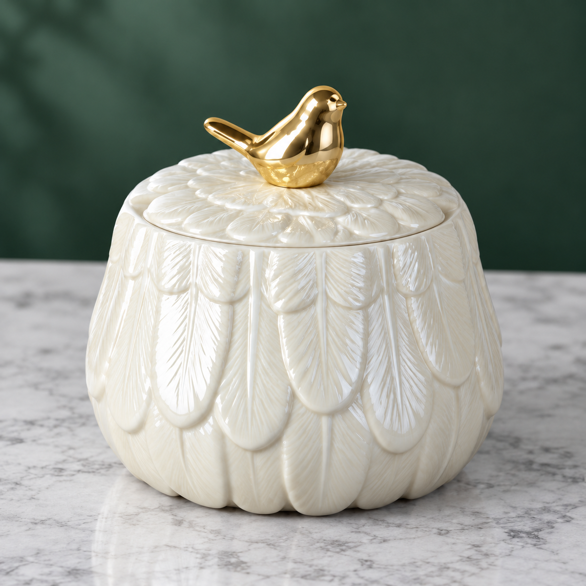 Golden Bird Porcelain Jar — Medium — alternate angle showing shape and feather relief