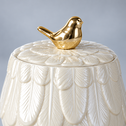 Golden Bird Porcelain Jar — Medium — close-up of gold bird and glossy porcelain