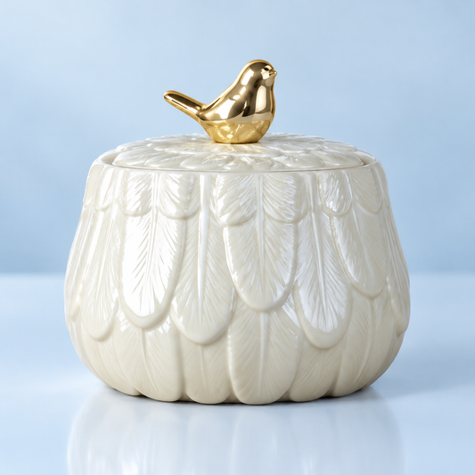 Golden Bird Porcelain Jar — Medium — individual product view on pale blue