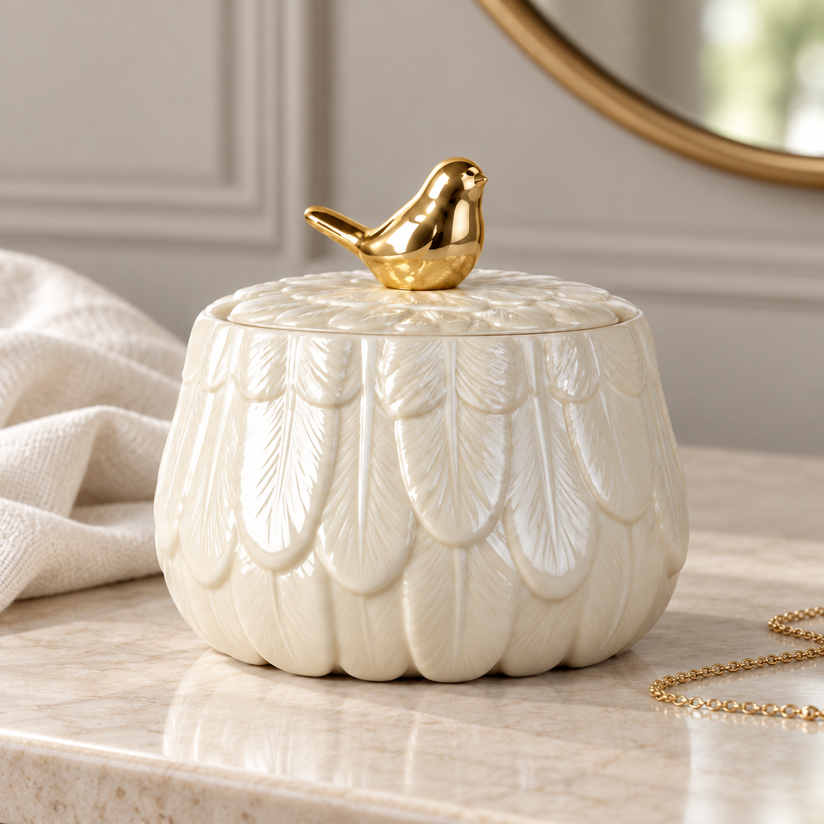 Golden Bird Porcelain Jar — Medium — styled on a stone dressing table