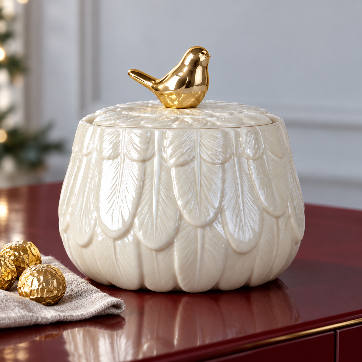 Golden Bird Porcelain Jar — Medium — styled with wrapped sweets