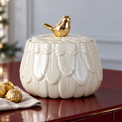 Golden Bird Porcelain Jar — Medium — styled with wrapped sweets