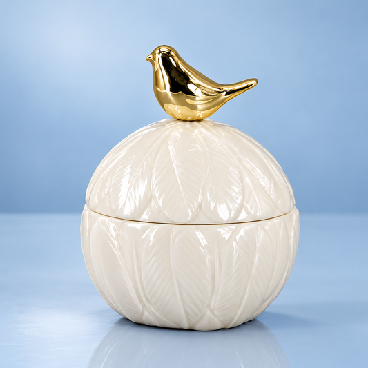 Golden Bird Porcelain Jar — Small — individual product view on pale blue