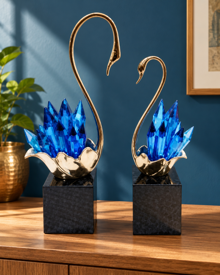 Lotus Crystal Swan Pair — Blue, Small