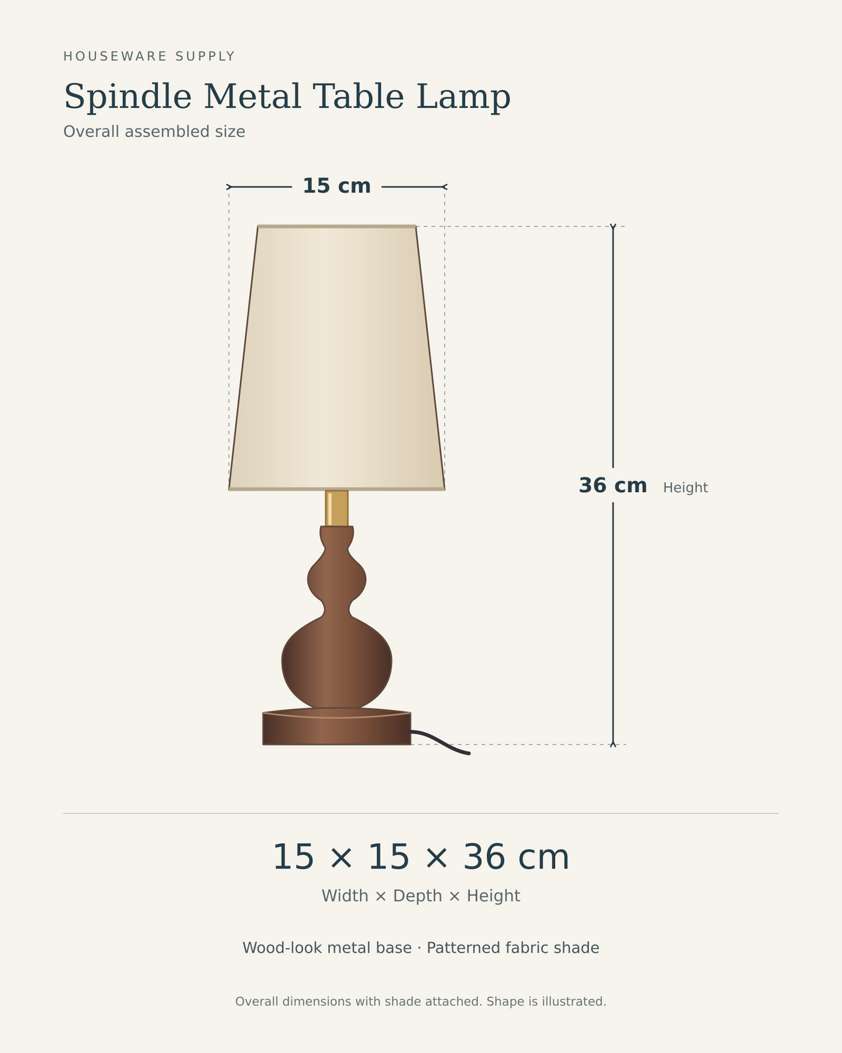 Spindle table lamp size diagram: 15 cm wide, 15 cm deep and 36 cm high with shade attached