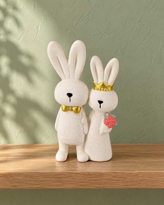 Vows joined ceramic rabbit couple with gold bow tie, crown and pink flowers