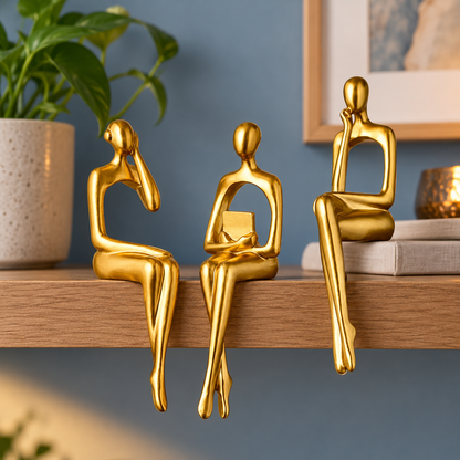 Muse Thinker Trio in Gold — three-piece set styled on an oak shelf