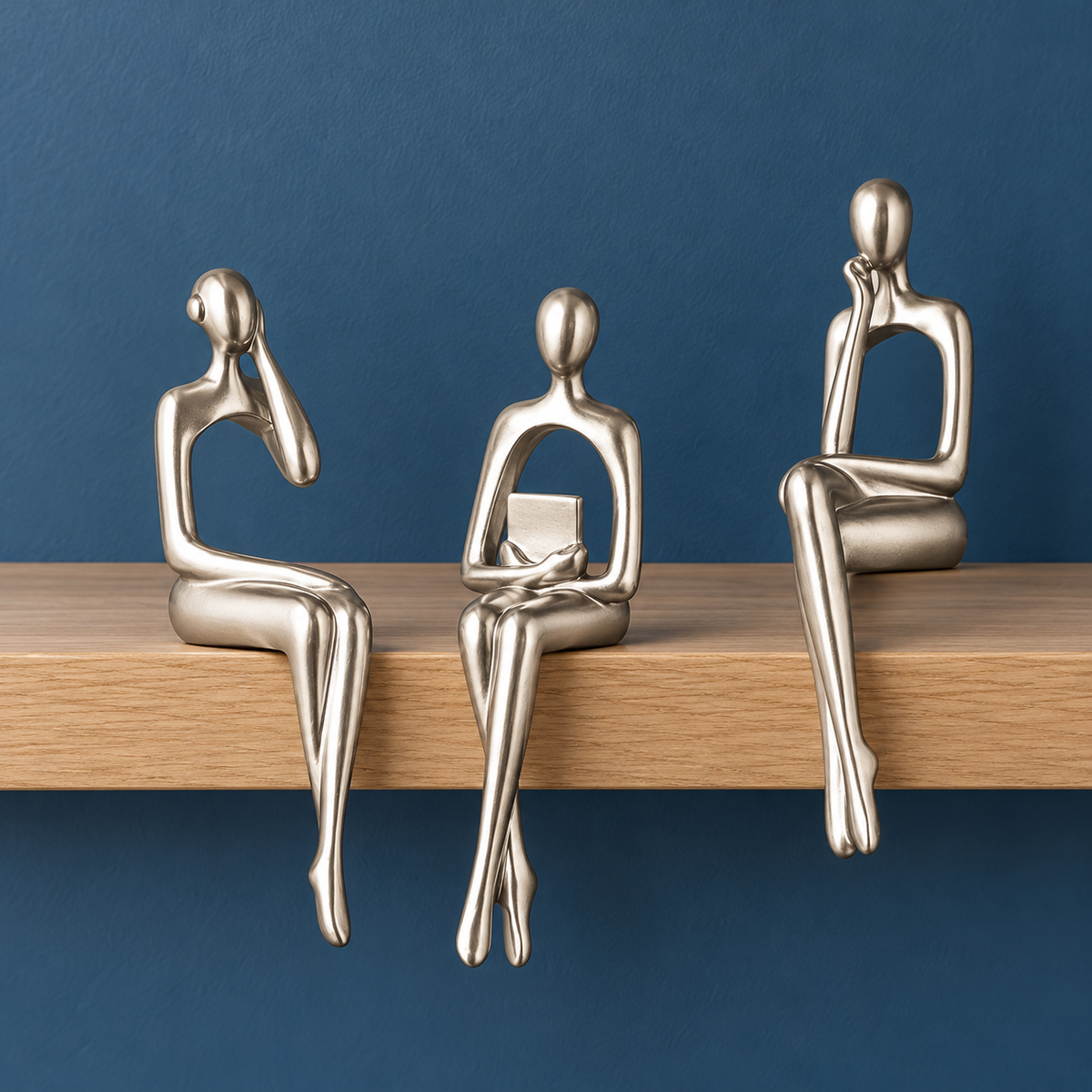 Muse Thinker Trio in Silver — three seated figures with head-resting, book-holding and chin-resting poses