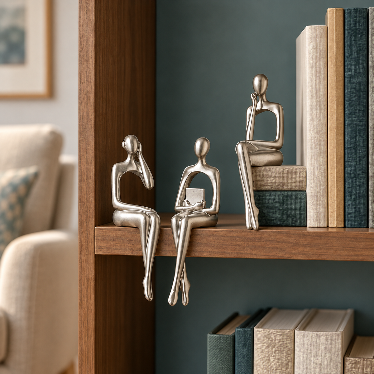 Muse Thinker Trio in Silver — set of three styled on a bookshelf edge