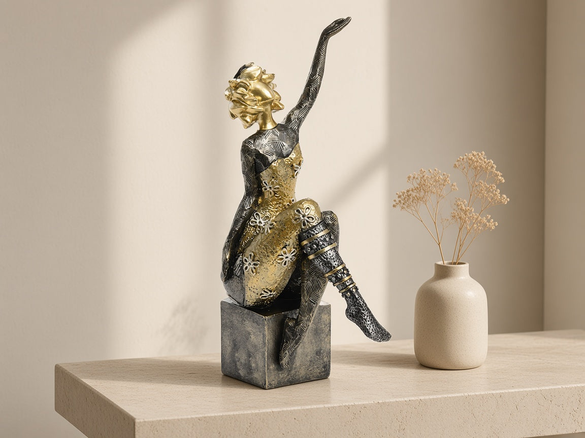 Gilt Sprig Lady, Arm Raised on a limestone console