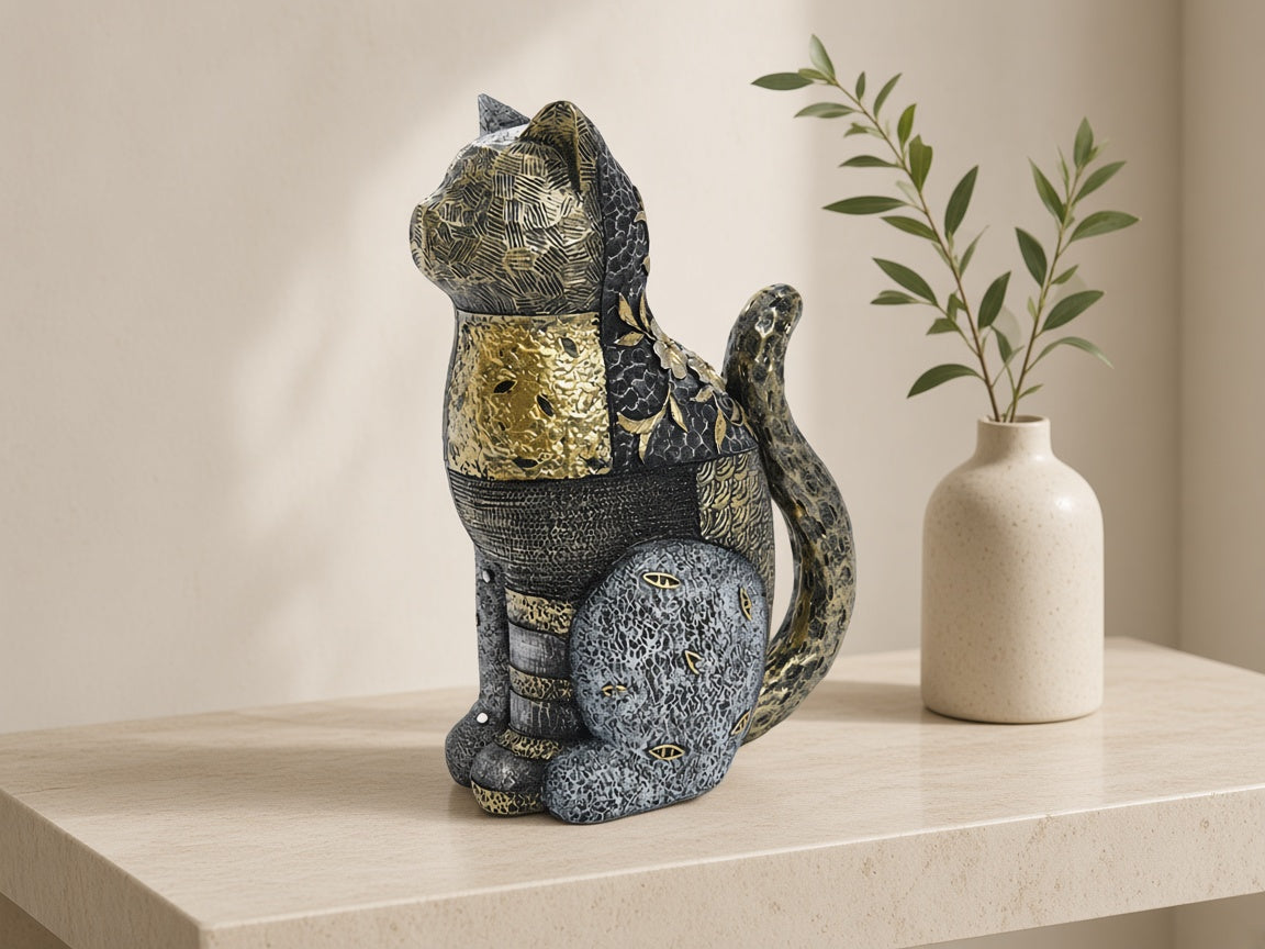 Gilt Sprig Seated Cat on a limestone console