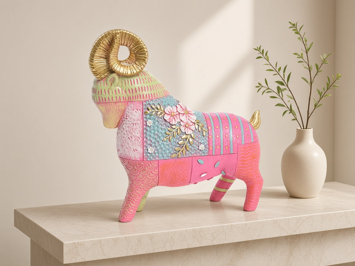 Flora Patch Ram, Large on a limestone console